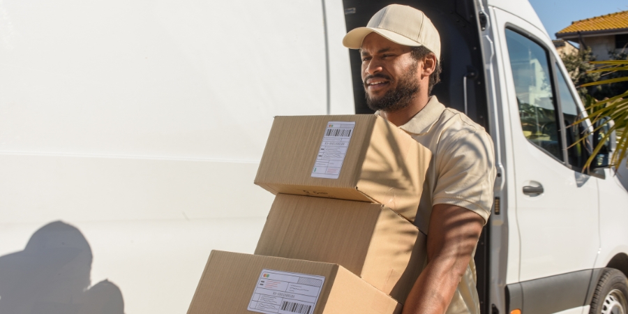 Delivery man holding a stack of boxes next to a van in the sun