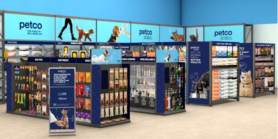 Shelves of Petco supplies inside Lowe's