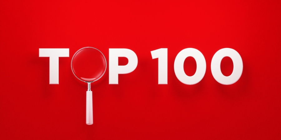 "Top 100" graphic with magnifying glass as the "O" in "Top"